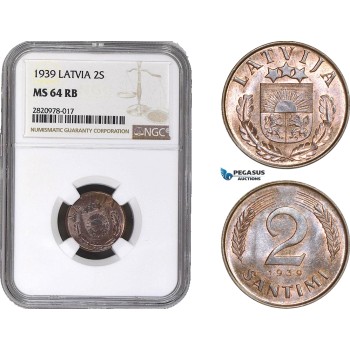 AB892, Latvia, 2 Santimi 1939, NGC MS64RB