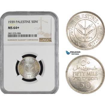 AB897, Palestine, 50 Mils 1939, London, Silver, NGC MS64+