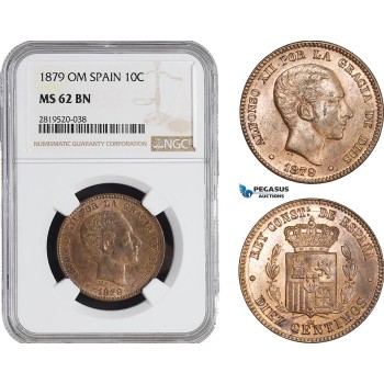 AB915, Spain, Alfonso XII, 10 Centimos 1879 OM, Barcelona, NGC MS62BN