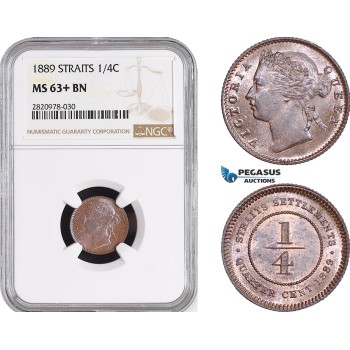 AB916, Straits Settlements, Victoria, 1/4 Cent 1889, NGC MS63+ BN