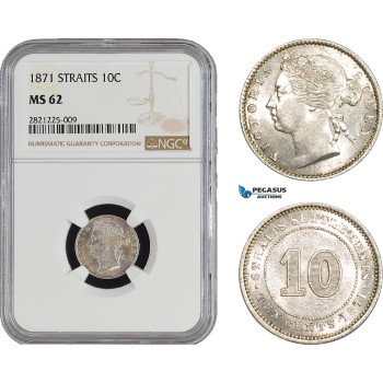 AB917, Straits Settlements, Victoria, 10 Cents 1871, Silver, NGC MS62