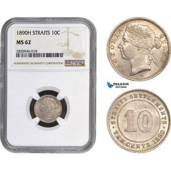 AB918, Straits Settlements, Victoria, 10 Cents 1890-H, Heaton, Silver, NGC MS62