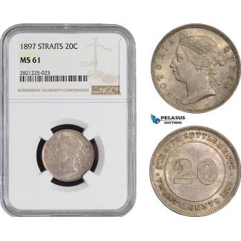 AB921, Straits Settlements, Victoria, 20 Cents 1897, Silver, NGC MS61, Pop 1/1, Rare!