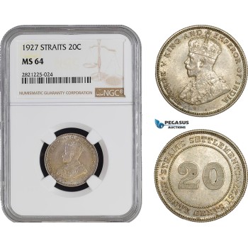 AB922, Straits Settlements, George V, 20 Cents 1927, Silver, NGC MS64