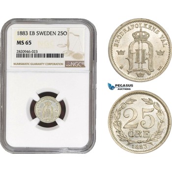 AB925, Sweden, Oscar II, 25 Öre 1883, Stockholm, Silver, NGC MS65
