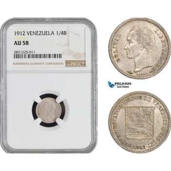 AB927-R, Venezuela, 1/4 Bolivar 1912, Paris, Silver, NGC AU58