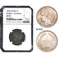 AB966, France, Third Republic, 2 Francs 1870-A, Paris, Silver, NGC AU58 "No Motto"