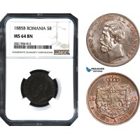 AB974, Romania, Carol I, 5 Bani 1885-B, Bucharest, NGC MS64BN
