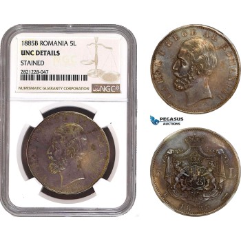 AB977, Romania, Carol I, 5 Lei 1885-B, Bucharest, NGC UNC Det. Rare!
