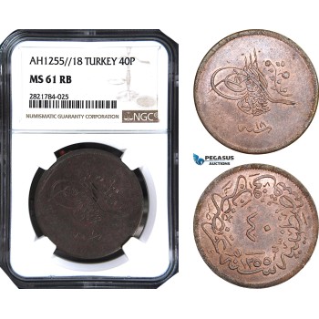 AB982, Ottoman Empire (Turkey) Abdülmecid, 40 Para AH1255/18, NGC MS61RB, Pop 1/0