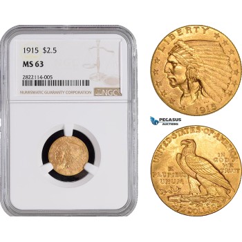 AB983-R, United States, Indian Head, 2.5 Dollars 1915, Philadelphia, Gold, NGC MS63
