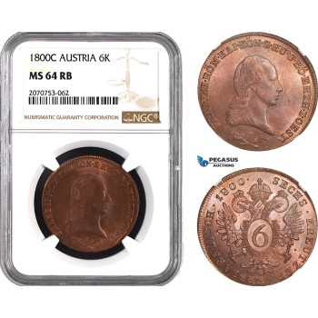 AC032, Austria, Franz II, 6 Kreuzer 1800-C, Prague, NGC MS64RB, Pop 1/0