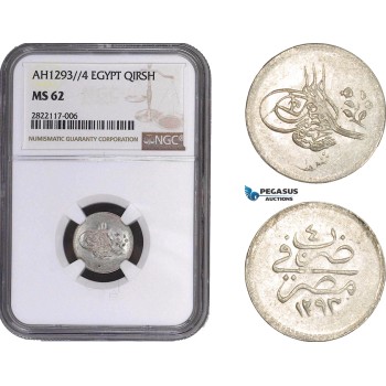 AC042, Ottoman Empire, Egypt, Abdulhamid II, 1 Qirsh AH1293/4, Misr, Silver, NGC MS62, Pop 1/2