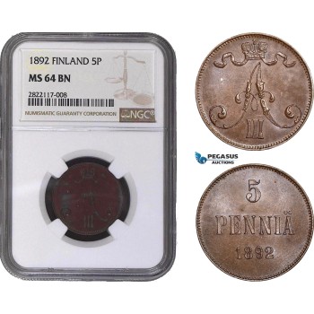 AC044, Finland (under Russia) Alexander III, 5 Penniä 1892, NGC MS64BN, Pop 4/0