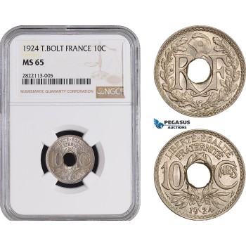 AC045-R, France, Third Republic, 10 Centimes 1924 (Thunderbold) Paris, NGC MS65, Pop 1/1