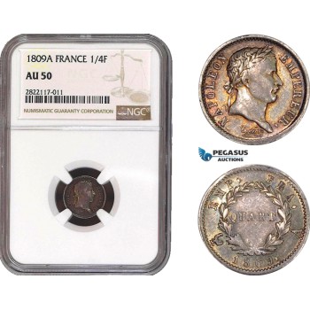 AC047, France, Napoleon, 1/4 Franc 1809-A, Paris, Silver, NGC AU50