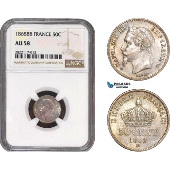 AC048, France, Napoleon III, 50 Centimes 1868-BB, Strasbourg, Silver, NGC AU58