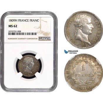 AC050, France, Napoleon, 1 Franc 1809-H, La Rochelle, Silver, NGC MS62, Pop 1/0, Rare!
