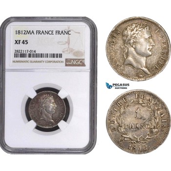 AC051, France, Napoleon, 1 Franc 1812-MA, Marseilles, Silver, NGC XF45, Pop 1/0, Very Rare!