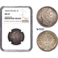 AC052, France, Louis Philippe, 2 Francs 1832-H, La Rochelle, Silver, NGC MS63, Pop 1/0