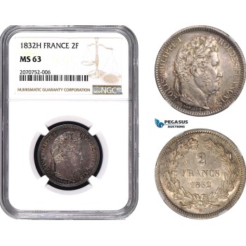 AC052, France, Louis Philippe, 2 Francs 1832-H, La Rochelle, Silver, NGC MS63, Pop 1/0