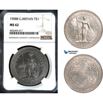 AC054, Great Britain, Trade Dollar 1908-B, Bombay, Silver, NGC MS62