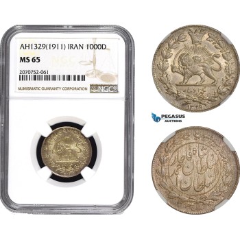 AC058, Iran, Ahmad Shah, 1000 Dinars AH1329 (1911) Silver, NGC MS65, Pop 1/2