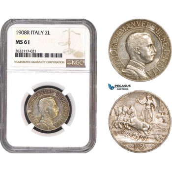 AC059, Italy, Vit. Emanuele III, 2 Lire 1908-R, Rome, Silver, NGC MS61