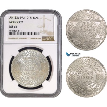AC063, Morocco, Yusuf, Rial (10 Dirhams) AH1336­-Pa (1918) Paris, Silver, NGC MS64