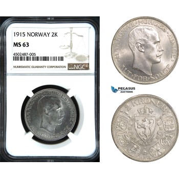 AC068, Norway, Haakon VII, 2 Kroner 1915, Kongsberg, Silver, NGC MS63