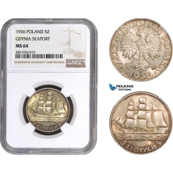 AC076, Poland, 5 Zlotych 1936 Gdynia Seaport Silver, NGC MS64