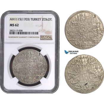 AC090, Ottoman Empire, Turkey, Ahmed III, Zoloto AH1115 (1703) Islambul, NGC MS62, Pop 1/2
