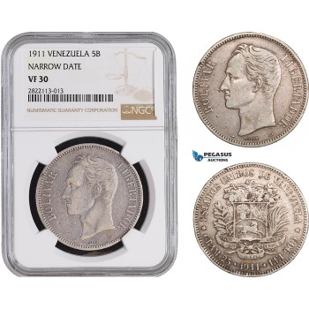 AC093-R, Venezuela, 5 Bolivares 1911 Narrow Date Paris, Silver, NGC VF30