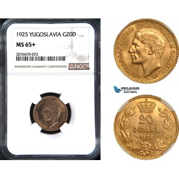 AC094, Yugoslavia, Alexandar I, 20 Dinara 1925, Paris, Gold, NGC MS65+