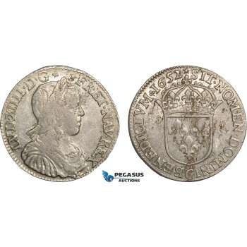 AC099, France, Louis XIV, 1/2 Ecu 1652-C, Saint-Lô, Silver (13.66g) Flaws, AU