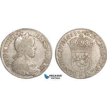AC100, France, Louis XIV, 1/2 Ecu 1653-P, Dijon, Silver (13.35g) VF