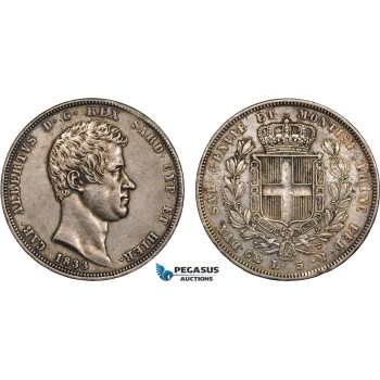 AC109, Italy, Sardinia, Carlo Alberto, 5 Lire 1833-P, Genoa, Silver, Toned XF