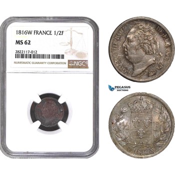 AC145, France, Louis XVIII, 1/2 Franc 1816-W, Lille, Silver, NGC MS62, Pop 2/0, Rare!