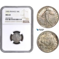 AC146, France, Third Republic, 50 Centimes 1905, Paris, Silver, NGC MS64