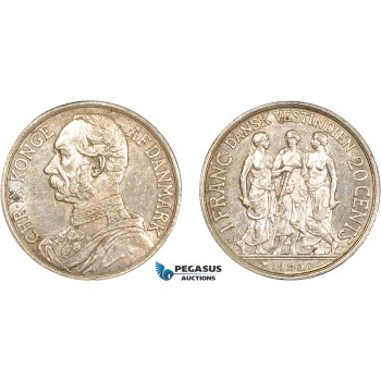 AC209, Danish West Indies, Christian IX, 1 Franc - 20 Cents 1905, Copenhagen, Silver, Cleaned AU AC209, Danish West Indies, Christian IX, 1 Franc - 20 Cents 1905, Copenhagen, Silver, Cleaned AU