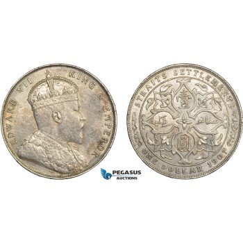 AC213, Straits Settlements, Edward VII, 1 Dollar 1907, Bombay, Silver, Some marks, AU