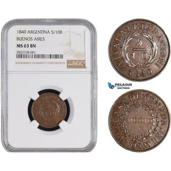 AC217, Argentina, Buenos Aires, 5/10 Real 1840, NGC MS63BN, Pop 2/0