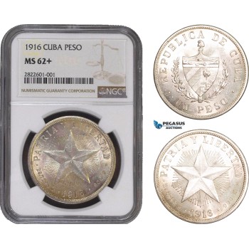 AC222, Cuba Star Type Peso 1916, Philadelphia, Silver, NGC MS62+