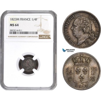 AC231, France, Louis XVIII, 1/4 Franc 1823-M, Toulouse, Silver, NGC MS64, Pop 1/0, Rare!