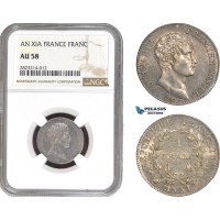 AC232, France, Napoleon, 1 Franc AN XI-A, Paris, Silver, NGC AU58