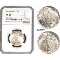 AC233, France, Third Republic, 2 Francs 1917, Paris, Silver, NGC MS64