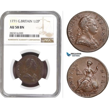 AC240, Great Britain, George III, 1/2 Penny 1771, London, NGC AU58BN