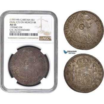 AC241, Great Britain, George III Emergency Dollar 1795, Oval C/S on 8 Reales 1795, Mexico City, Silver, NGC AU55