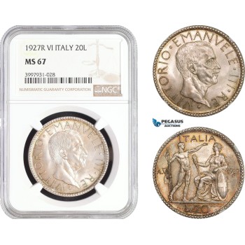 AC248, Italy, Vittorio Manuele III, 20 Lire 1927-R, A. VI, Rome, Silver, NGC MS67, Pop 4/0