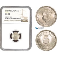 AC251, Malaya, George VI, 5 Cents 1939, Silver, NGC MS65